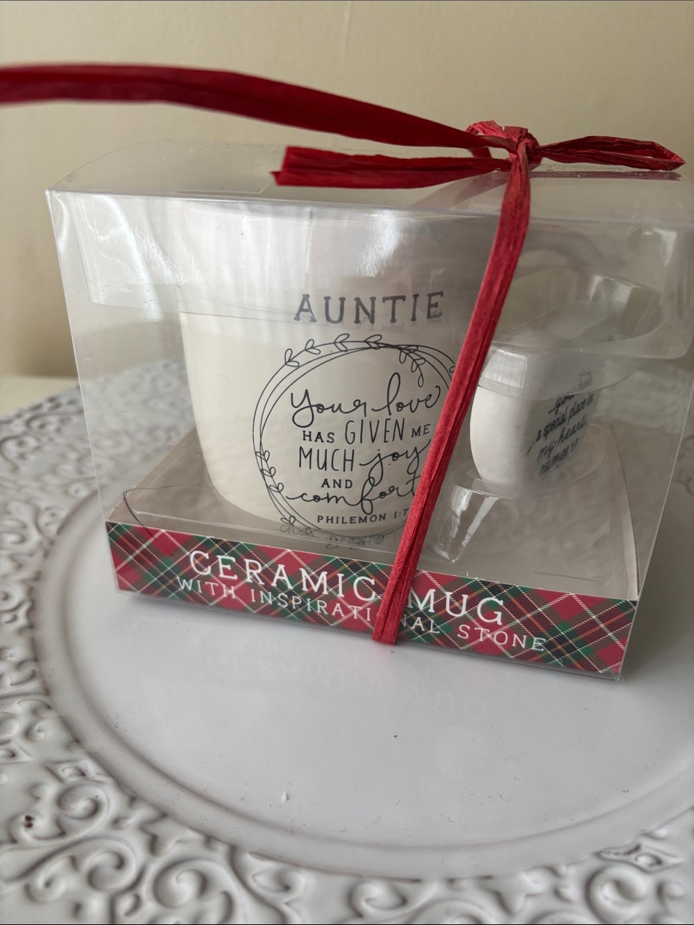 Ceramic Mug in Cream with Red Ribbon NWOT